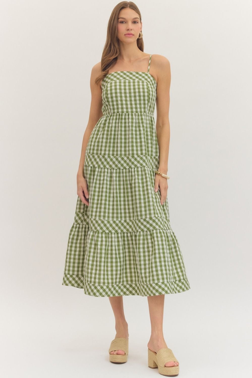 Olive Gingham Midi Dress