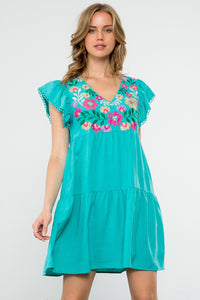 Flutter Sleeve Embroidered Floral Dress