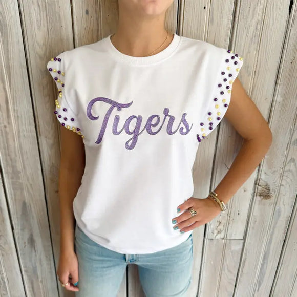 Nolaerse Tigers Pearl Flutter Sleeve Top